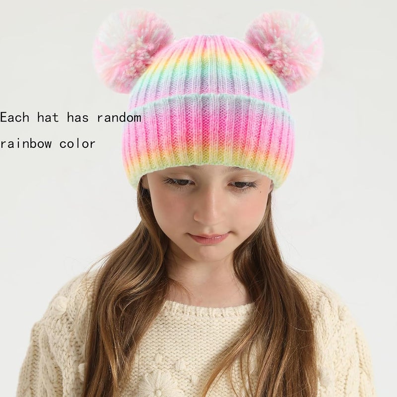 ACTLATI Kids Winter Knitted Beanie Hat Colorful Pompom Ears Ski Hat for Boy Girl(Ages 7-12) - Image 2